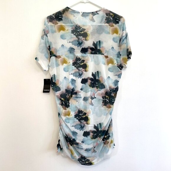 NEW NWT TORRID 1 Plus Size Stretch Mesh Crew Neck Ruched Top Watercolor Floral - Picture 13 of 15